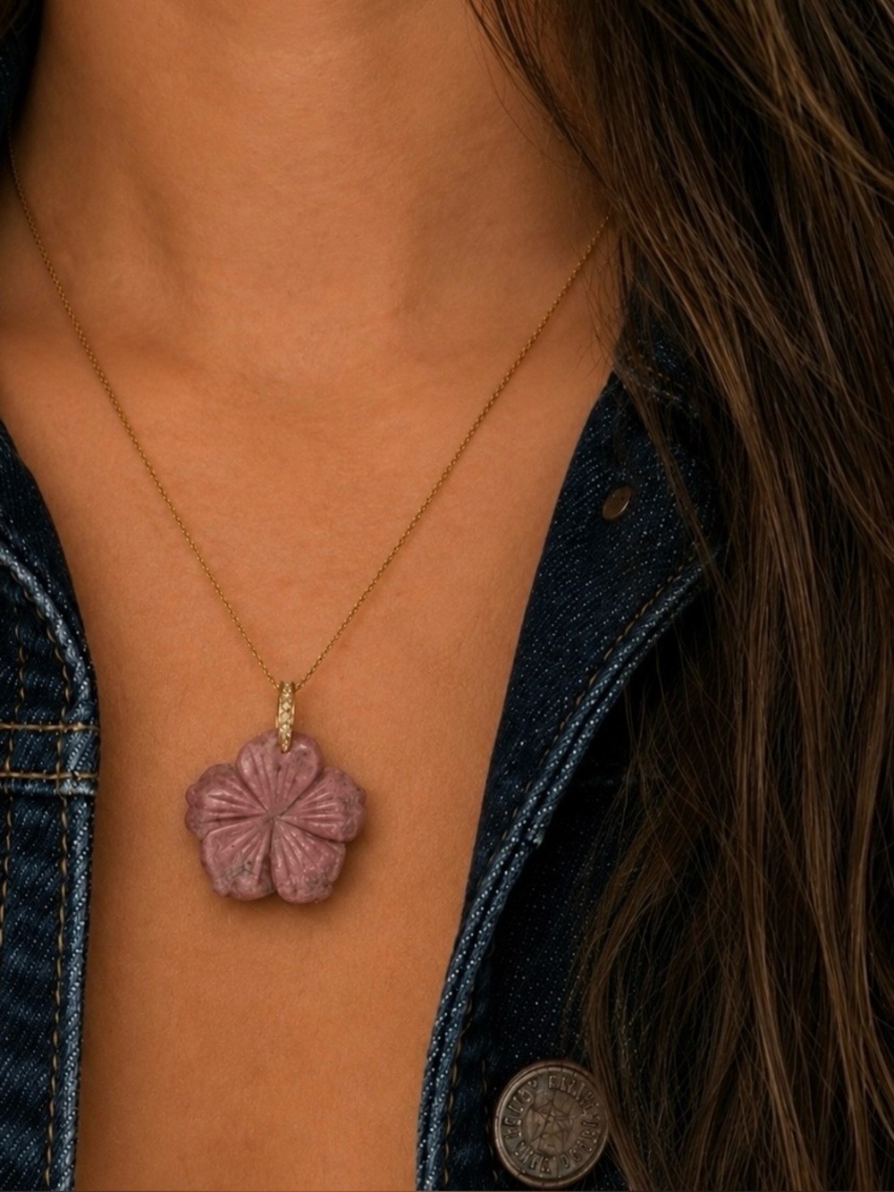 Freida Rothman Vault Hand-Carved Rose Quartz Flower Pendant Brass Based - Picture 6 of 7